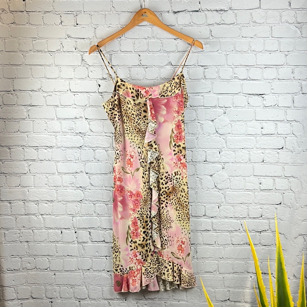 PINK & LEOPARD PRINT SUMMER BODYCON DRESS - Flirty ruffle - Size Medium